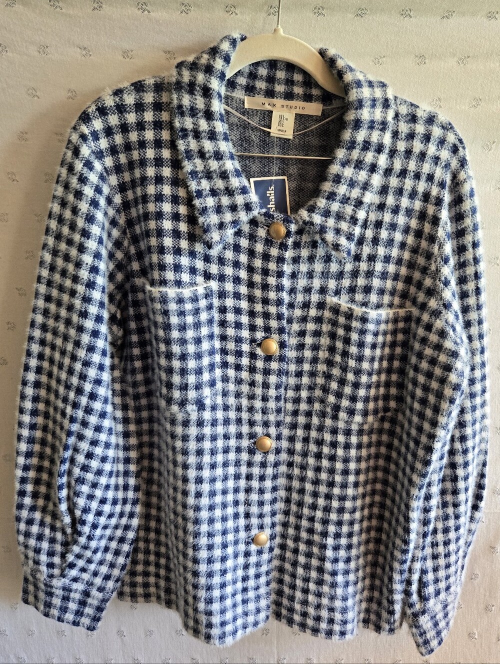 NWT Max Studio Navy Blue & White Plaid Check Button-Up Jacket Size L